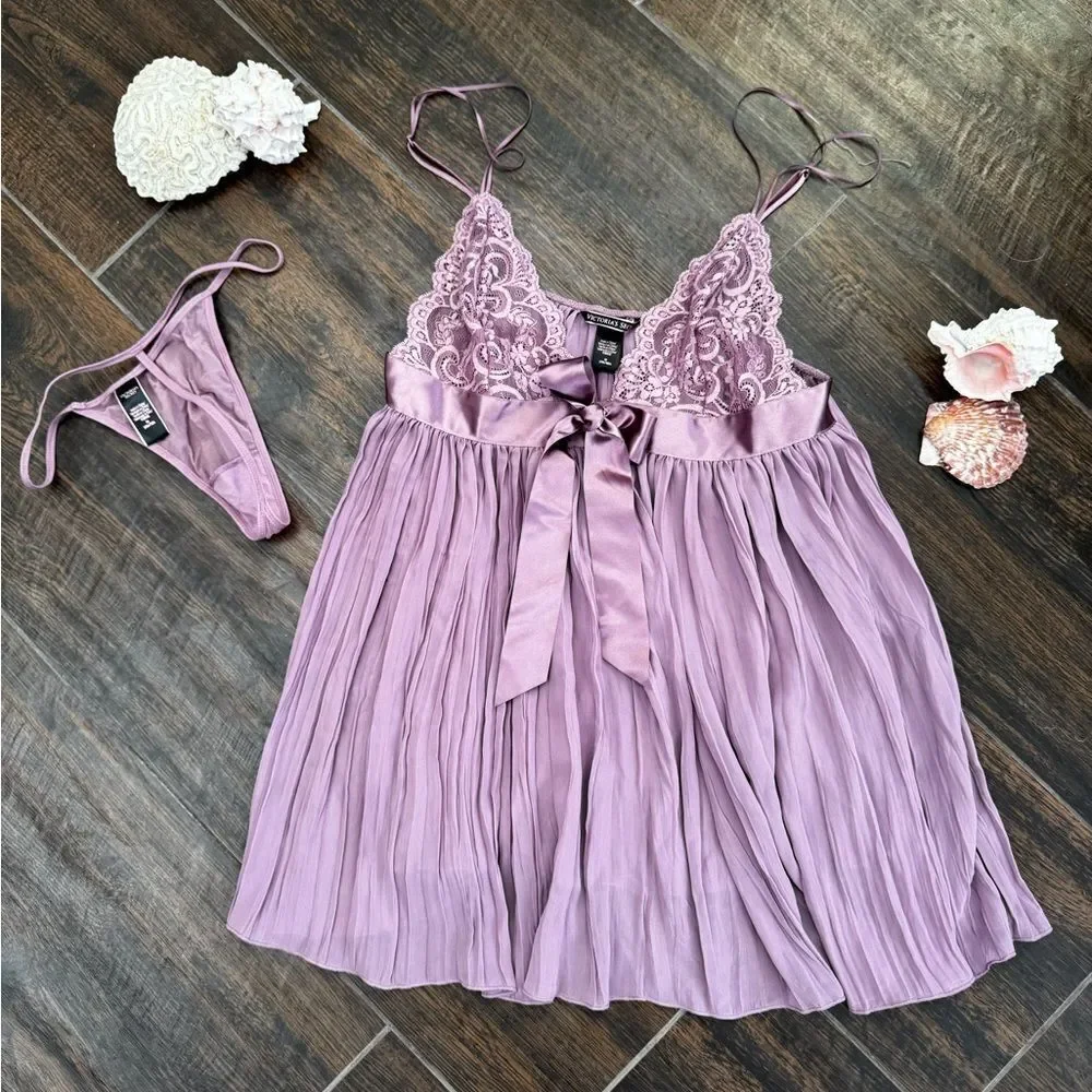 Victoria’s Secret Lavender Lace Babydoll Nightie Set– Size M
